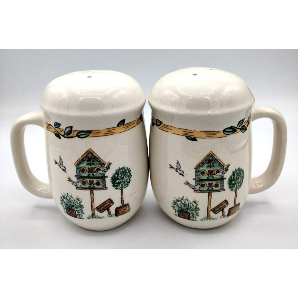 Birdhouse Pattern Salt and Pepper Shakers 4 Inch Vintage Porcelain Birds Shrubs
